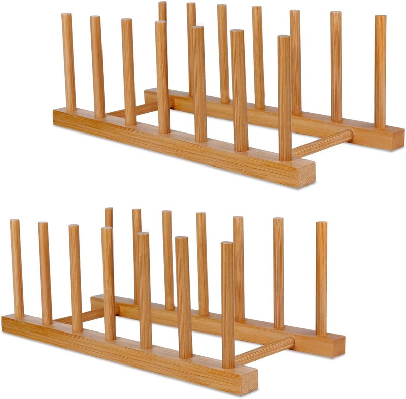 SAMEBUTECO Bamboo Wooden Dish Racks Plate Stand Holder Vertical Drainer Kitchen Cabinet Organizer for Dish, Pots, Lids, Bowls, Cups, and Cutting Boards and Books(2 Packs) - Image 1